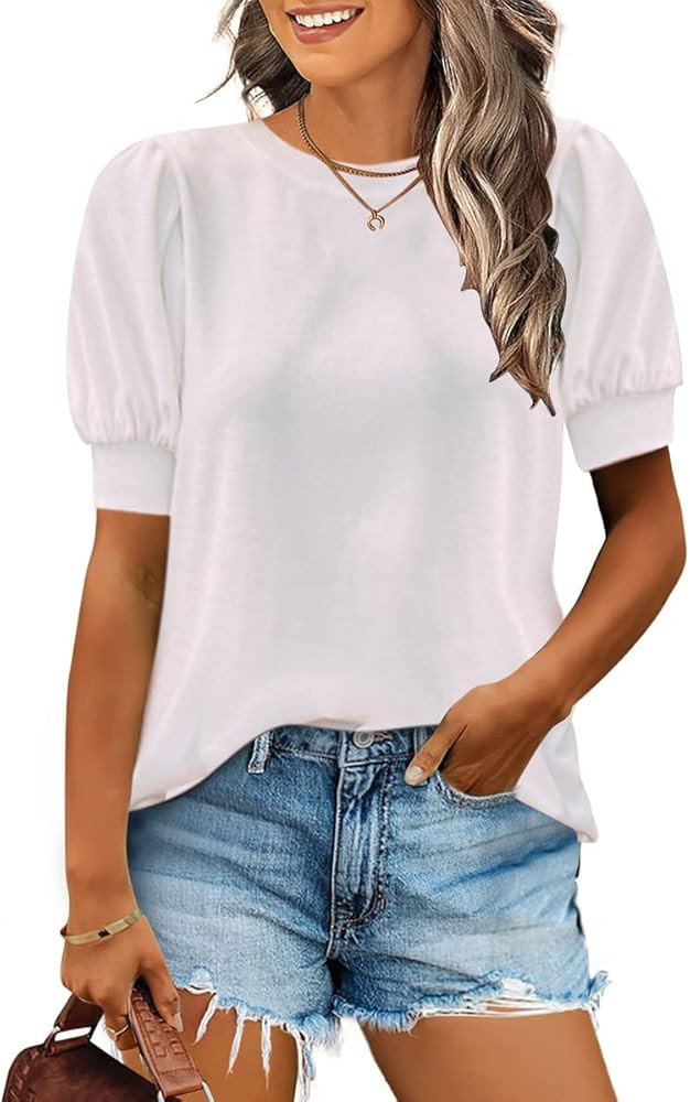 Drrita Womens Puff Short Sleeve Casual Blouse Summer Crew Neck Tops Loose Tunic Basic Tee Shirt | Amazon (US)
