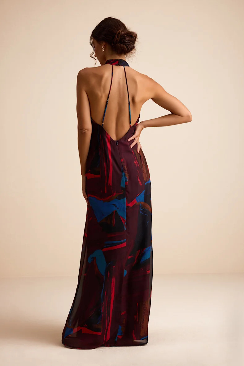 Solayne Burgundy Multi Abstract Strappy Halter Maxi Dress | Lulus