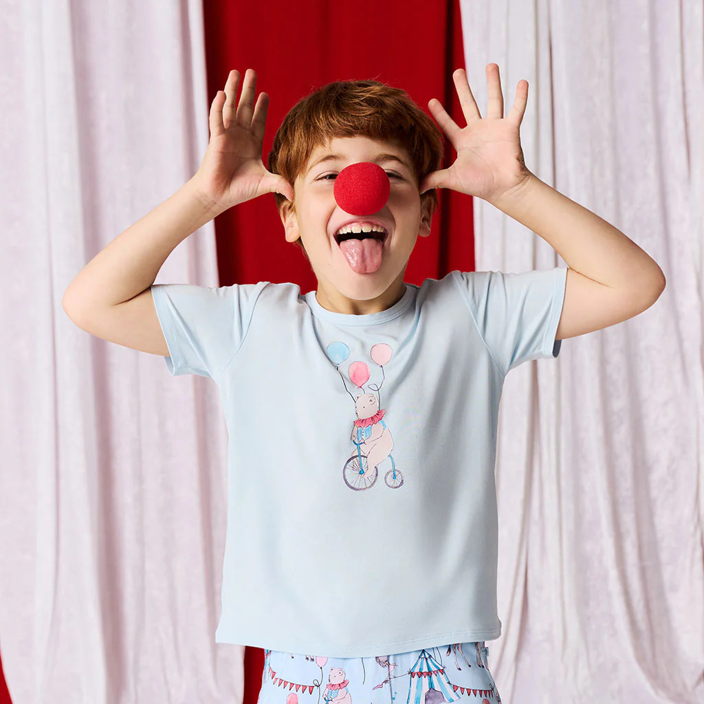 Circus Blue Short Sleeve Bearnice Rides A Bike Classic Tee | Posh Peanut\u00ae | Posh Peanut