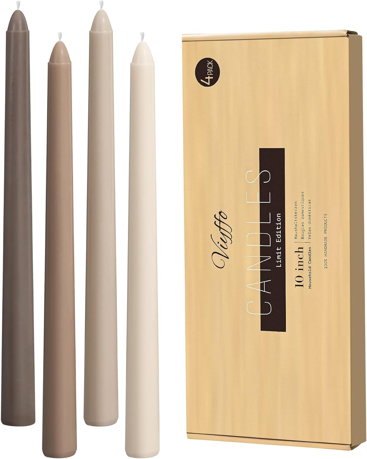 Viyffo Taper Candles 10 Inch Brown Set of 4 Unscented, Dripless, Smokeless Long Tall Tapered Candlesticks Wedding Advent Home Decor Dinner Christmas-Natural Color Series | Amazon (US)
