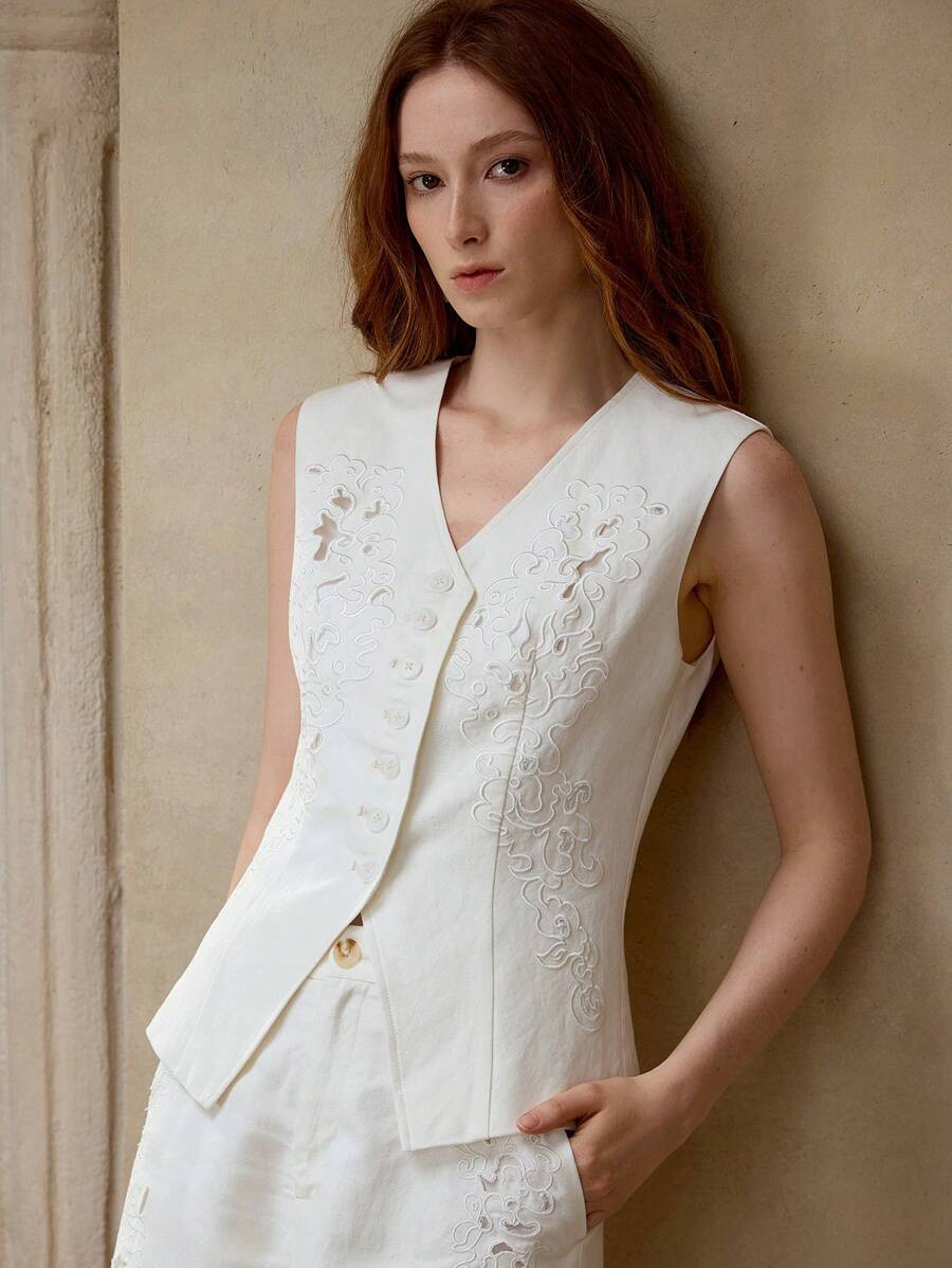 MOTF PREMIUM LINEN EMBROIDERY BUTTON UP WAISTCOAT,BUSINESS CASUAL WOMAN | SHEIN