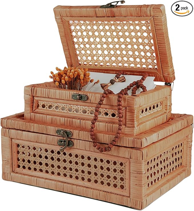 Handcrafted Rattan Storage Box with Hinged Lid and Metal Clasps – Rattan Storage Basket with Li... | Amazon (US)