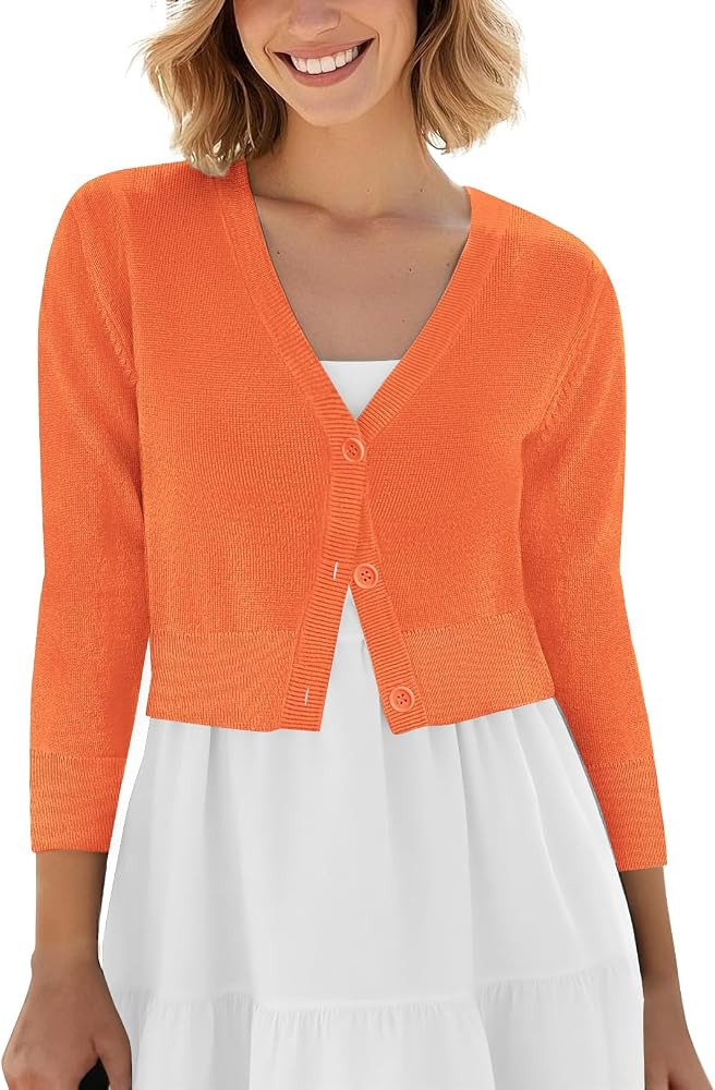 Urban CoCo Women's Cropped Cardigan V-Neck Button Down Knitted Sweater 3/4 Sleeve | Amazon (US)