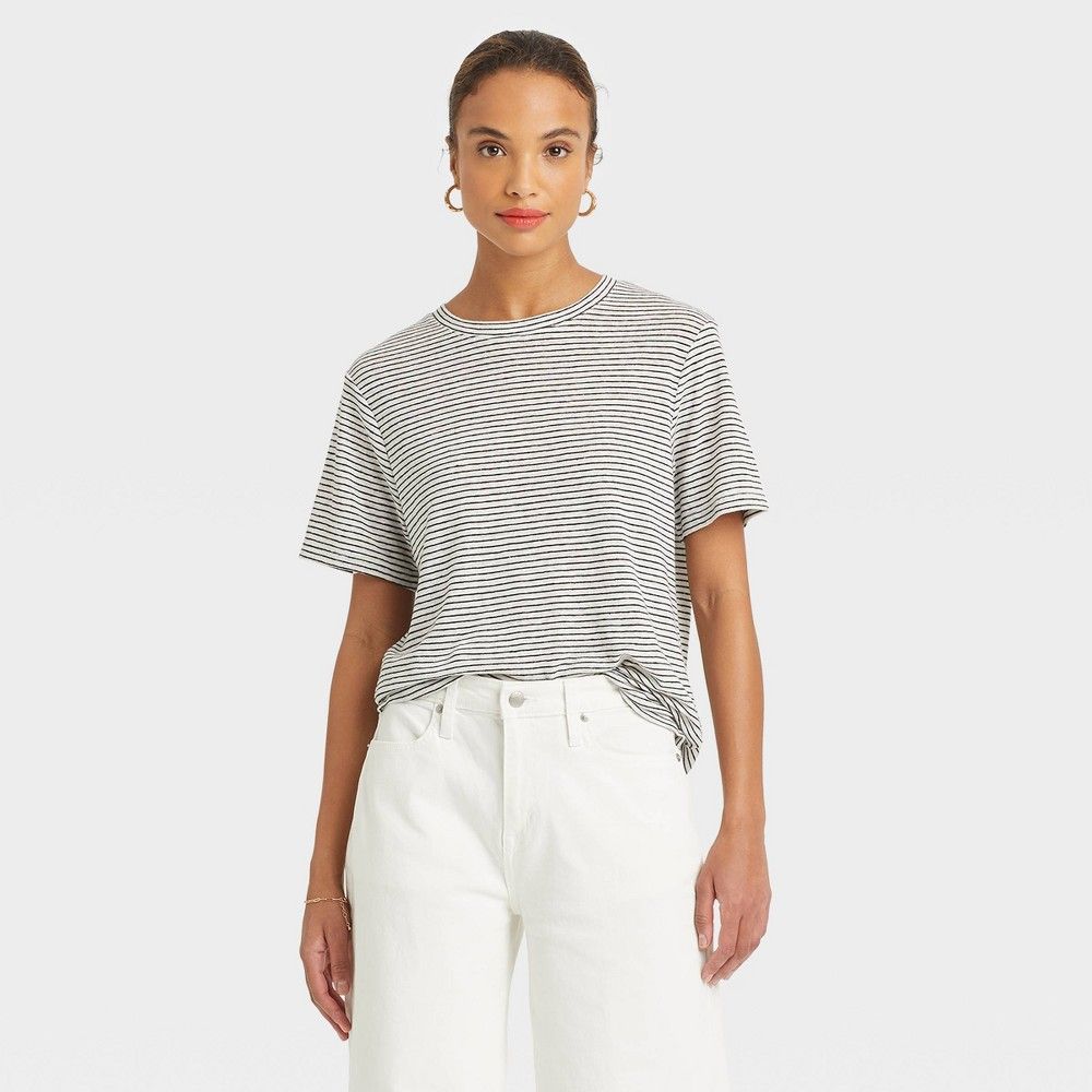 Women's Striped Short Sleeve Linen T-Shirt - A New Day Tan XS | Target