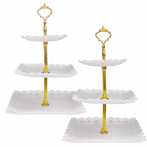 YVPSI 2 Pack 3 Tier Plastic Dessert Cupcake Stand Cupcake Tower Stand White Cupcake Holder Tiered Serving Trays for Dessert Party Birthday Wedding Baby Shower (white square) | Amazon (US)
