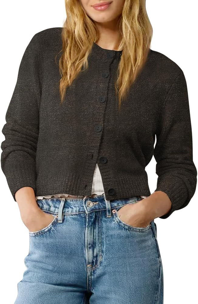 Urban CoCo Women's Crew Neck Cropped Cardigan Sweaters Long Sleeve Open Front Button Down Shrug S... | Amazon (US)