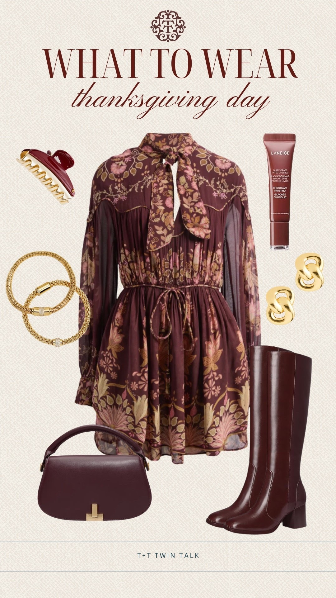 T+T, what to wear! We are loving this Farm Rio printed dress paired with tall burgundy boots. We styled it with a matching bag from Nordstrom, gold jewelry, and a claw clip to put your hair back while eating! 

#LTKHoliday #LTKStyleTip #LTKItBag