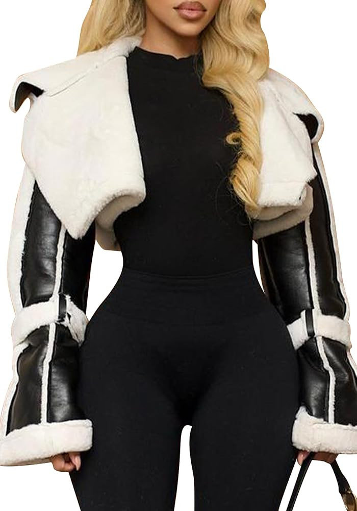 Women's Cropped PU Leather Jacket Winter Coat Fur Lined Faux Leather Jacket Shearing Moto Bomber ... | Amazon (US)