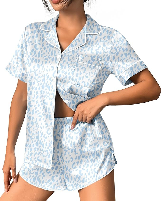 Ekouaer Womens Silk Satin Pajama Set Print Short Sleeve Sleepwear Button Down Pjs Shorts Set Loun... | Amazon (US)