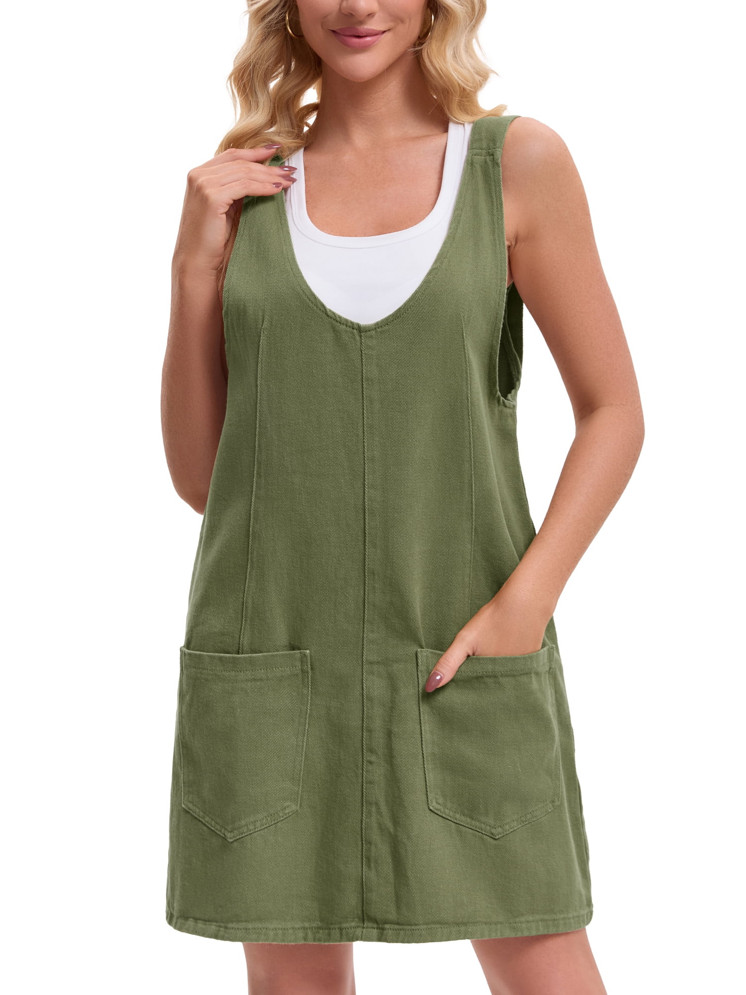 DARING DIVA Women's Loose Sleeveless Pinafore Mini Denim Dresses M Army Green | Walmart (US)