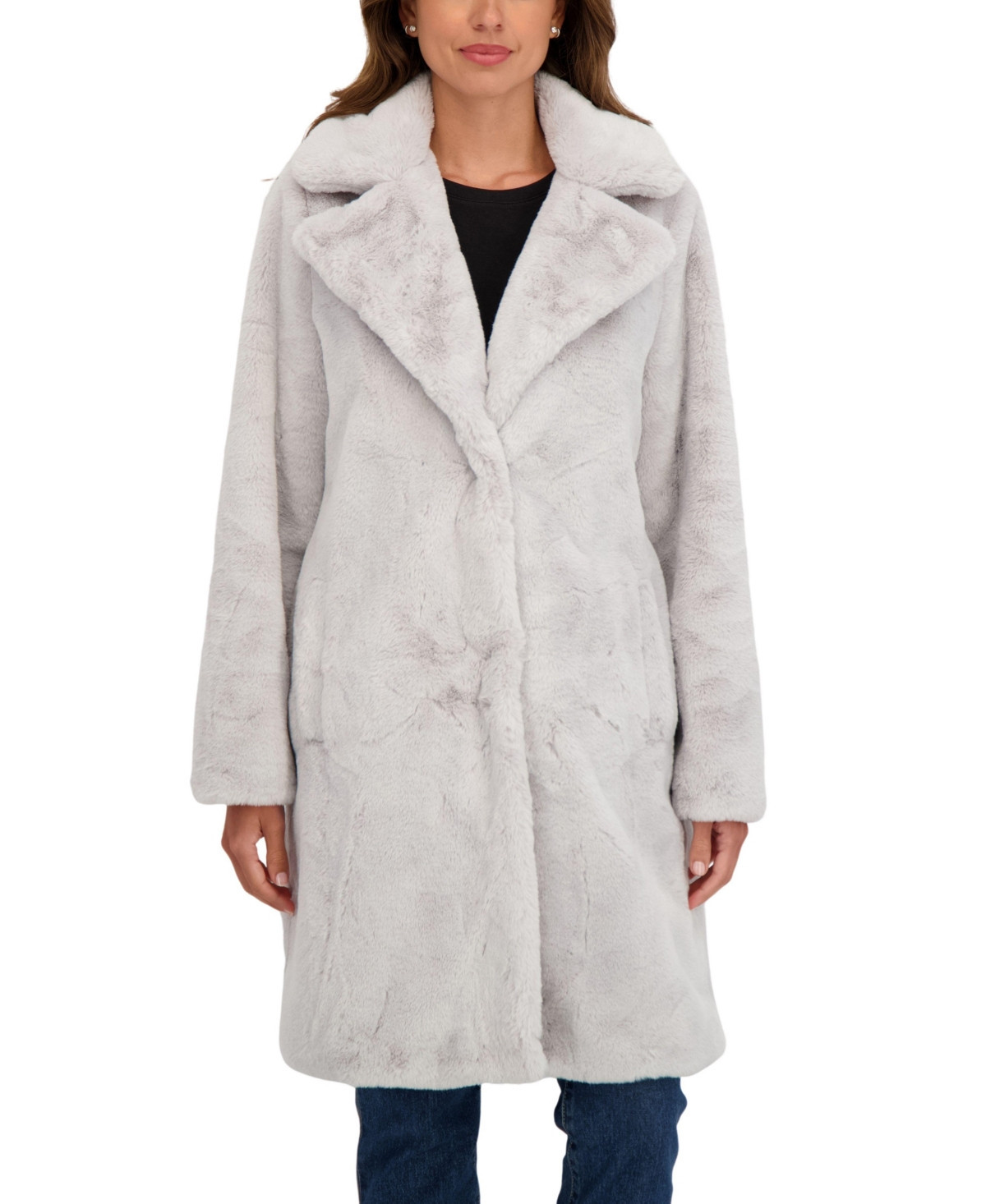 Sebby Collection Women's Faux Fur Notch Collar 3/4 Coat - Light grey | Macy's
