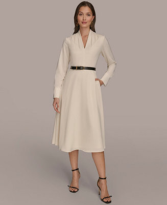 Donna Karan New York Women's Satin V-Neck Belted A-Line Midi Dress - Macy's | Macy's