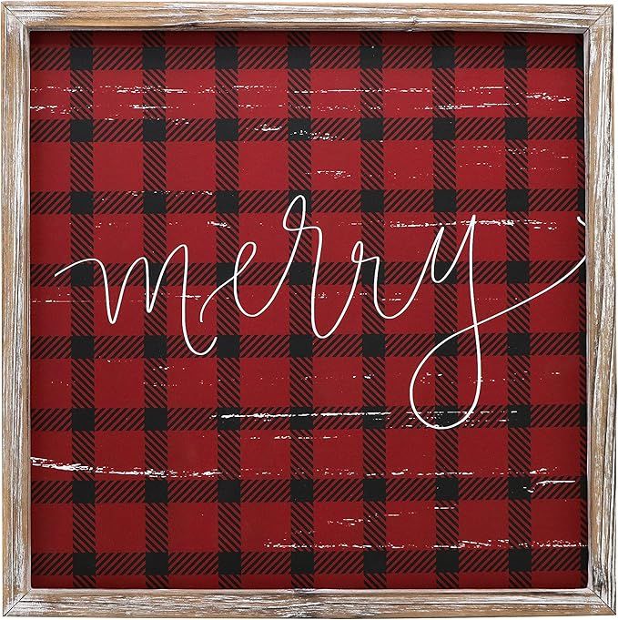 Merry Plaid Wood Sign 18x18" | Distressed Holiday Sign | Christmas Wall Decor | Wall Art | Winter... | Amazon (US)