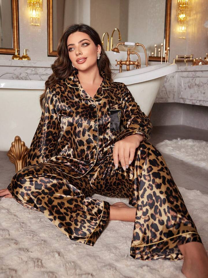 LuxeNights Plus Size Elegant Leopard Print Embroidered Pocket Faux Silk Sleepwear Set | SHEIN