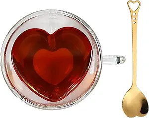 Amazon.com | Heart Shaped Cup - Double Walled Insulated Glass Coffee Mug or Tea Cup - Double Wall... | Amazon (US)