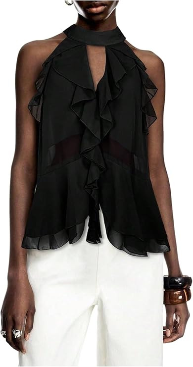 GORGLITTER Women's Mesh Halter Flowy Tank Tops Ruffle Chiffon Tie Neck Cut Out Brunch Dinner Crop... | Amazon (US)