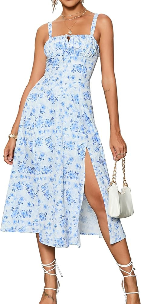 Floral Midi Corset Dress Boho Flowy Slit Lace Up Dresses for Women Going Out A Line Casual Sundre... | Amazon (US)