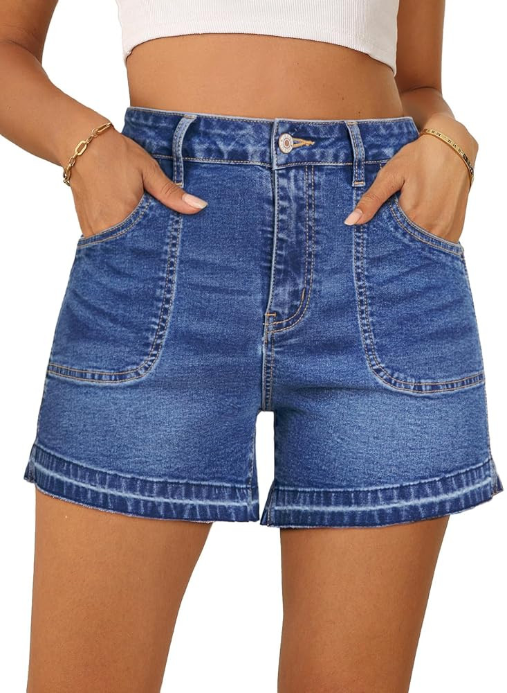 Dokotoo Womens Jean Shorts Stretchy High Waisted 2025 Straight Leg Frayed Raw Hem Casual Denim Sh... | Amazon (US)
