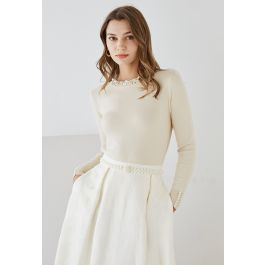 Pearl Trimmed Soft Knit Top in Cream | Chicwish