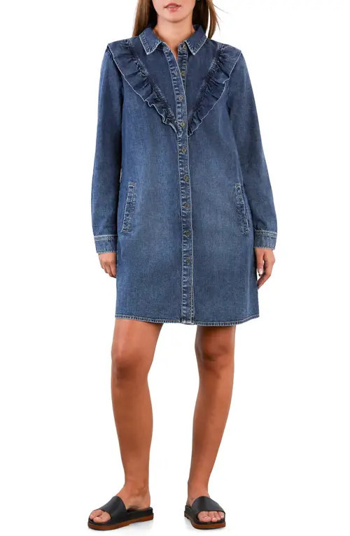 Wash Lab Denim Lovely Ruffle Long Sleeve Denim Dress in Petal Denim at Nordstrom, Size Large | Nordstrom