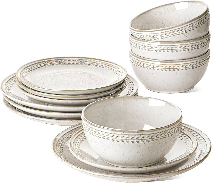 LE TAUCI Plates and Bowls Sets for 4, 12 Piece Ceramic Dinnerware Sets, Kitchen Stoneware Dish Se... | Amazon (US)