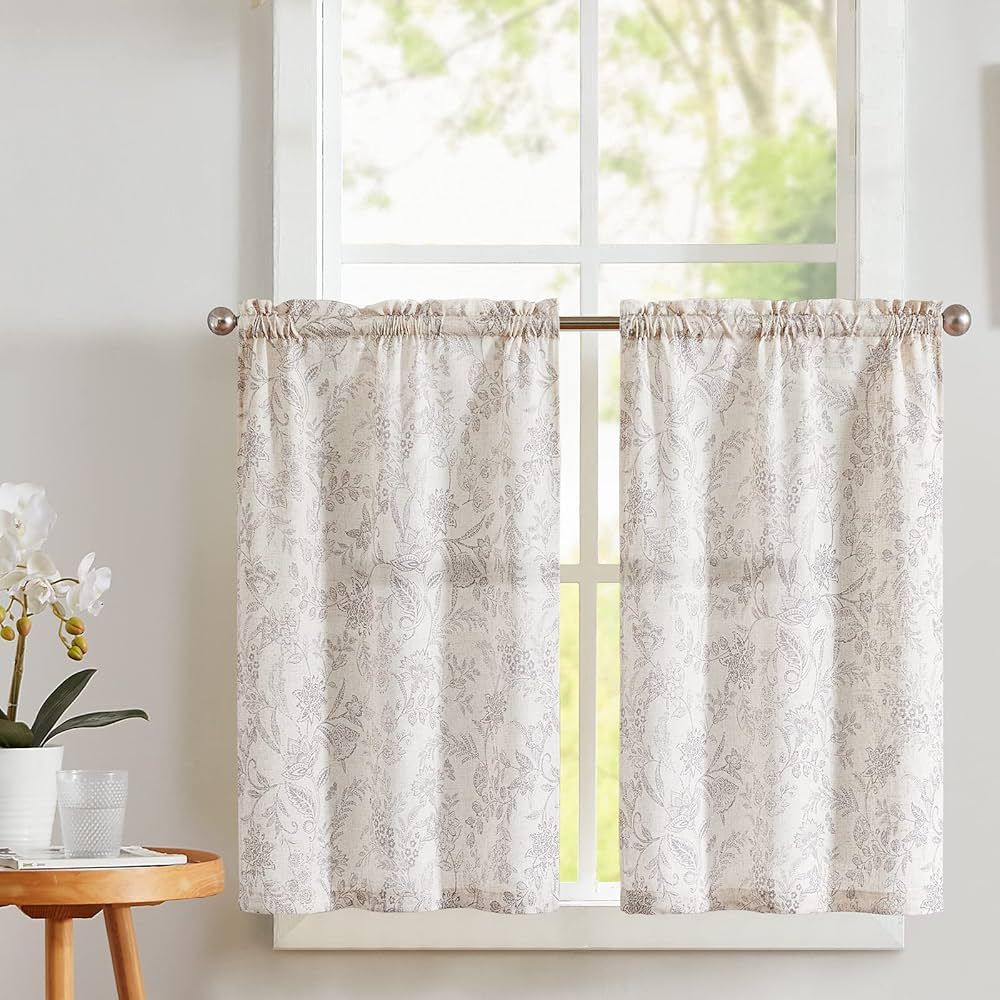 Vangao Kitchen Curtains Cafe Linen Tier Curtains 24 Inch Length Farmhouse Floral Print Short Smal... | Amazon (US)