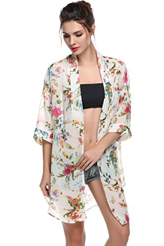 BLUETIME Women's Light Loose Floral Print Chiffon Sheer Kimono Cardigan Blouses (M, White) | Amazon (US)