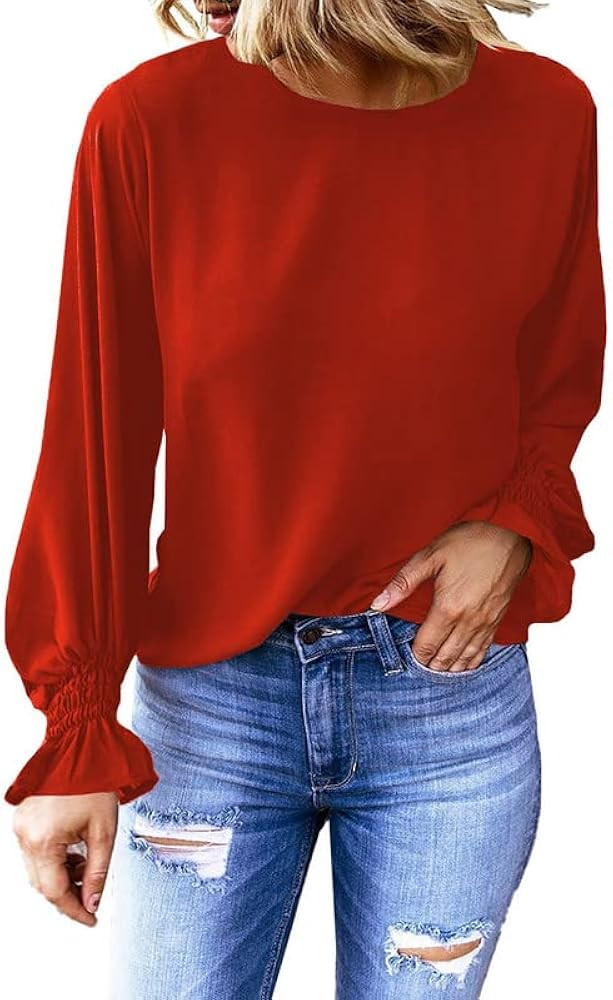 Dokotoo Womens 2023 Summer Long Sleeve Ruffle Bubble Sleeve Casual Loose Shirts Tops and Blouses | Amazon (US)