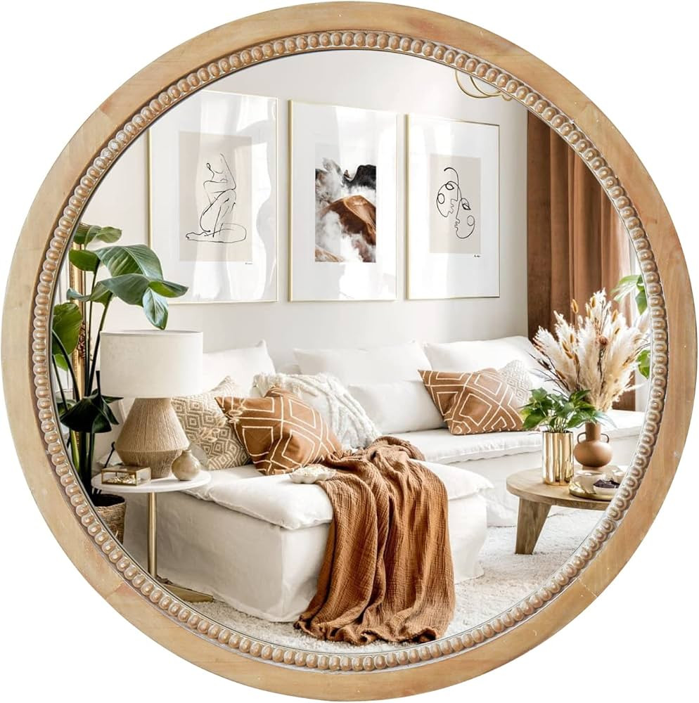 Sawsile Round Decorative Circle Farmhouse Style Mirror - 24inch Rustic Natural Wooden Frame Beads... | Amazon (US)