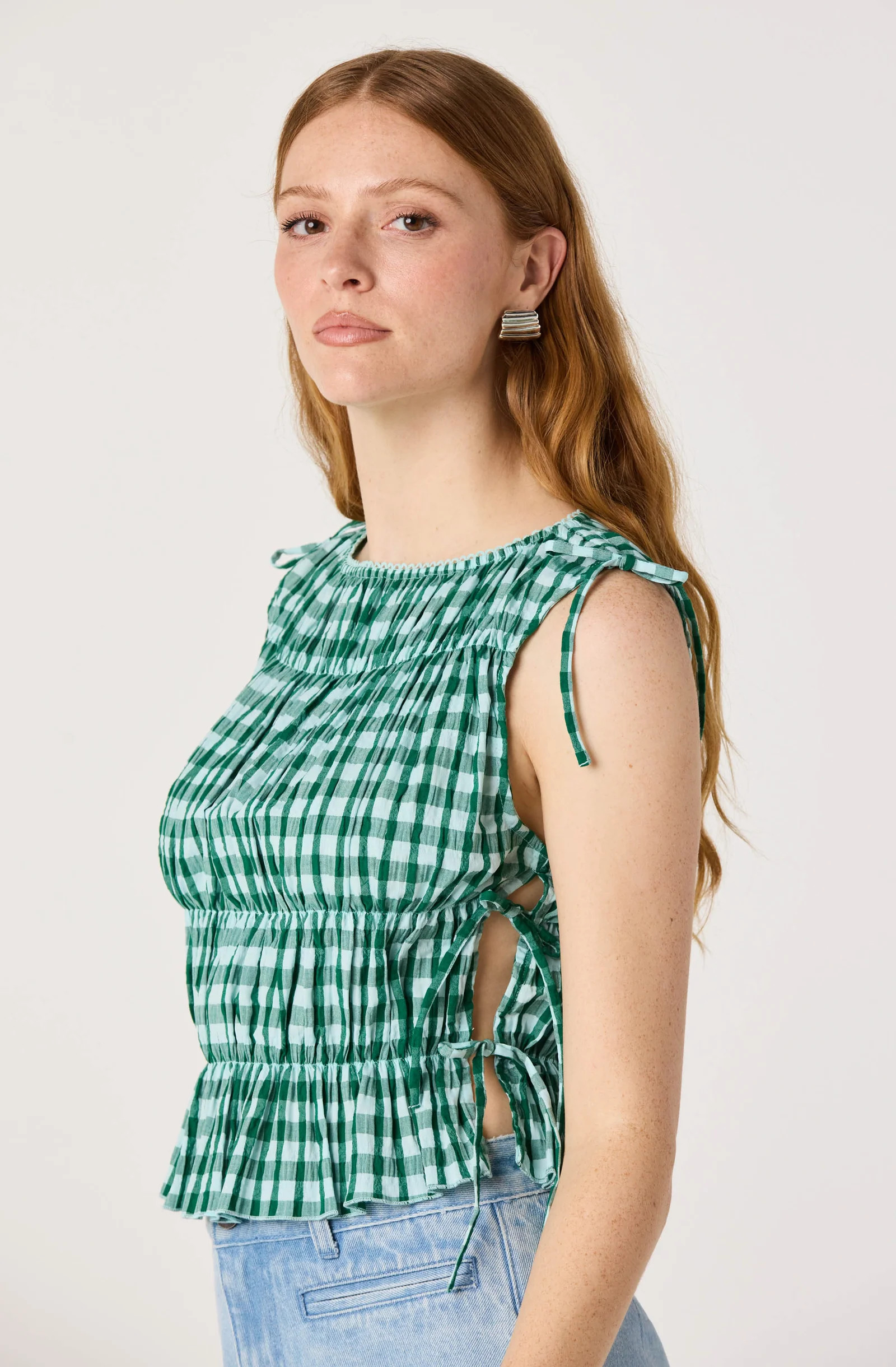 Bianca Gingham Smocked Tiered Top - Green gingham / XS | ASTR The Label (US)