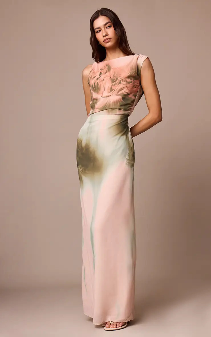 Dusty Pink Printed Floral Chiffon Ruched Sleeveless Maxi Dress | PrettyLittleThing UK