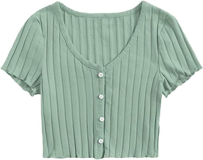 Romwe Women's Casual Summer Crop Top Short Sleeve V Neck Tee Button Ribbed Blouse T-Shirt | Amazon (US)