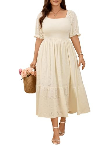 CICIDUDU Plus Size Summer Maxi Dresses for Curvy Women Square Neck Smocked Casual Milkmaid Boho Wedding Guest Dress Beige | Amazon (US)