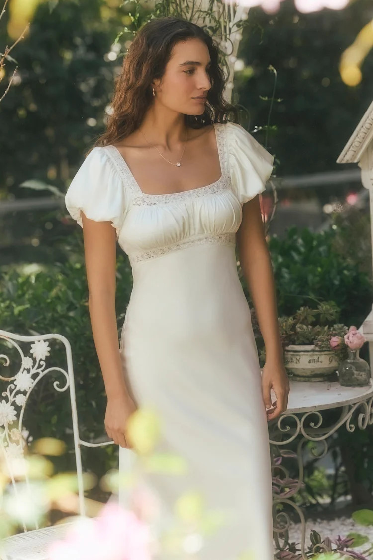 Catherine Ivory Satin Puff Sleeve Slip Midi Dress | Lulus