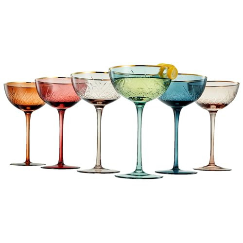 Vintage Art Deco Coupe for Champagne, Martini, Cocktails | Set of 6 | 7 oz Classic Cocktail Glassware - Manhattan, Cosmopolitan, Sidecar, Crystal Speakeasy Style Saucer Goblets with Stems (Muted) | Amazon (US)