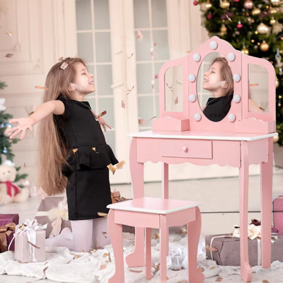 Kids Vanity with 3 Mirrors and Stool, Girls Vanity with Wood Makeup Playset, Princess Vanity Table for Toddlers,Pink | Target