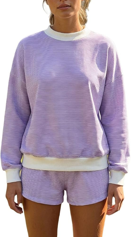 Mxiqqpltky Striped Sweat Sets for Women 2 Piece Shorts Outfits Y2k Long Sleeve High Neck Pullover... | Amazon (US)