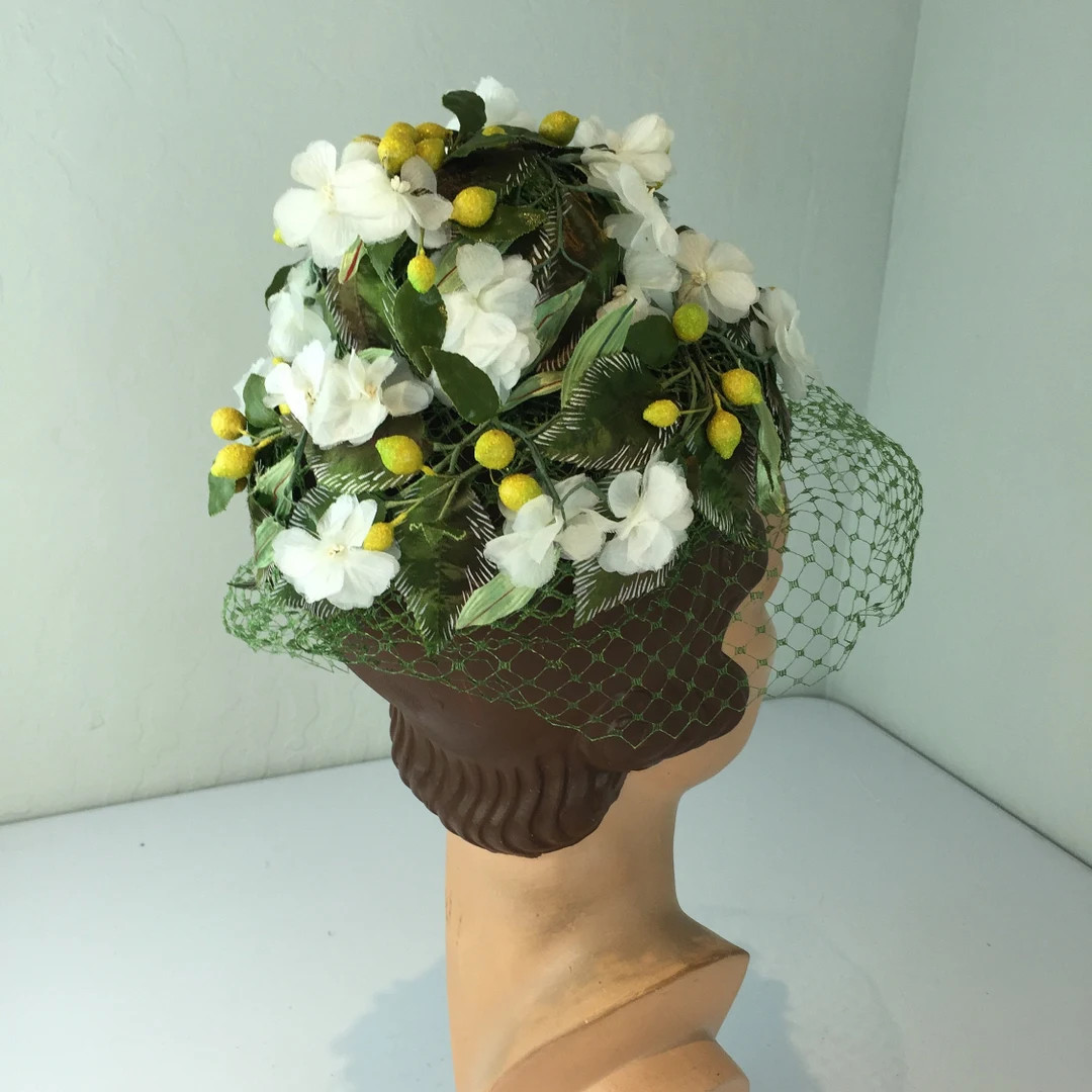 Tuscan Gardens - Vintage 1960s White Gardenias & Mini Lemons Dome Floral Hat W/green Veil - RARE ... | Etsy (US)
