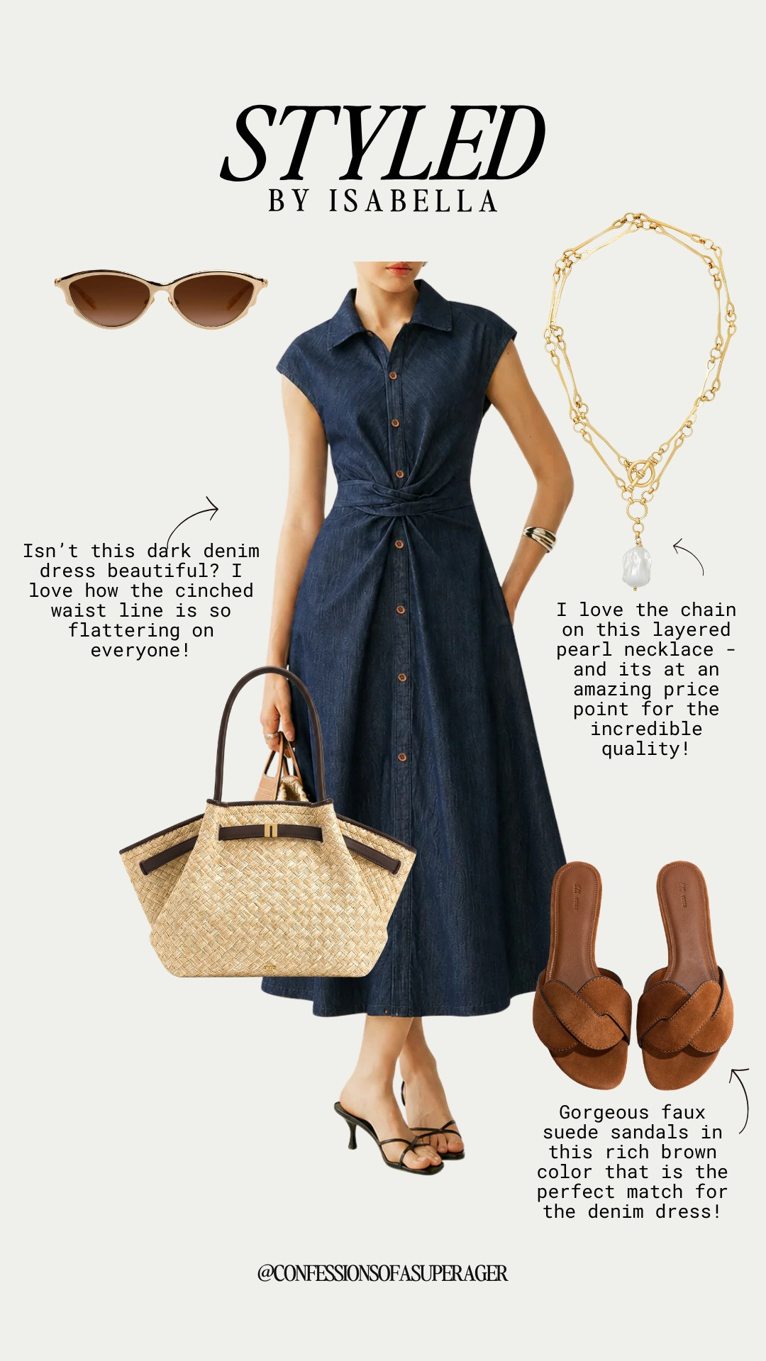 Upgrade your casual chic style with this stunning dark denim dress! The button-front design and cinched waistline create an incredibly flattering A-line midi silhouette that is perfect for a weekend brunch, vacation resort wear, or everyday street style 

 #LTKunder150 #DenimDress #SummerOutfits #MidiDress #VacationStyle #ResortWear #BottegaDupe #StrawBag #PearlJewelry #KittenHeels #CasualChic #QuietLuxury #EverydayFashion #ShopTheLook

#LTKootd #LTKSeasonal #LTKSaleAlert