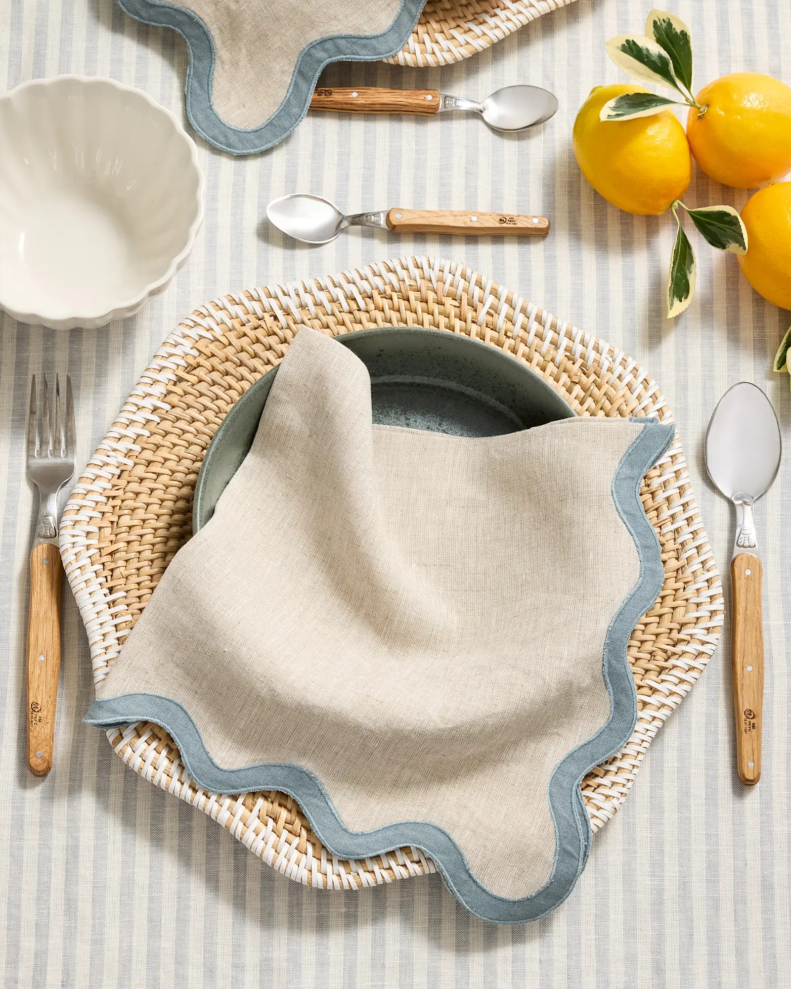 European Linen Scallop Edge Napkins (Set of 8) in Flax/Dusty Blue | Quince