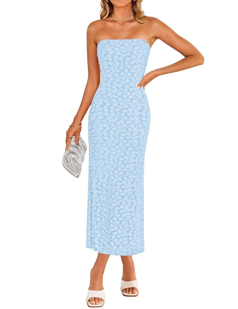 ZESICA Women's 2025 Summer Boho Floral Strapless Bodycon Dress Off Shoulder Tube Beach Party Long... | Amazon (US)