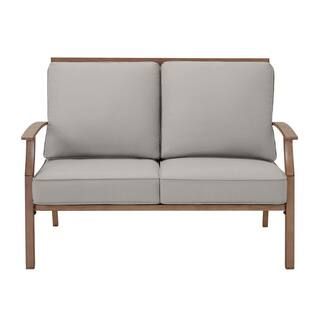 Geneva Brown Wicker Outdoor Patio Loveseat with CushionGuard Stone Gray Cushions | The Home Depot