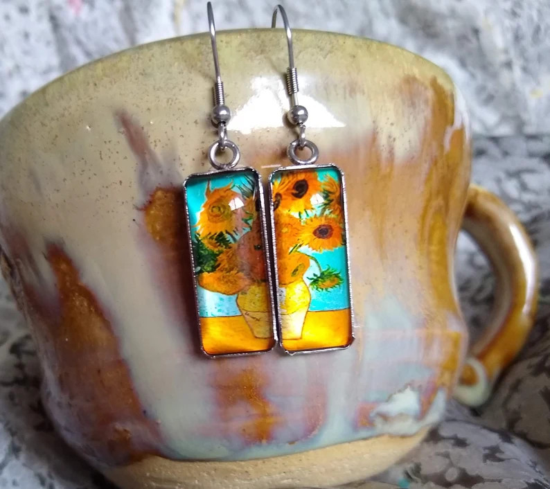 Vincent Van Gogh Sunflowers Earrings Impressionist Painting Inspired Boho Chic Art Nouveau Statem... | Etsy (US)