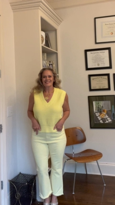 I had an outfit when I was in college that I absolutely loved!
It was a yellow cotton knit 2 piece sleeveless mock neck top and matching pants.
I could dress it up and down and wear it with any shoes. 
Alas, I got green marker on it while studying to become a teacher and my favorite outfit was ruined. 
I have been trying to recreate it ever since and I am coming close with these two pieces!
This top has a more flattering neckline than the mock turtleneck and the pants are more updated than my 1987 outfit for sure!
Do you have some favorites from your past?

#LTKmidsize #LTKstyletip #LTKover40
