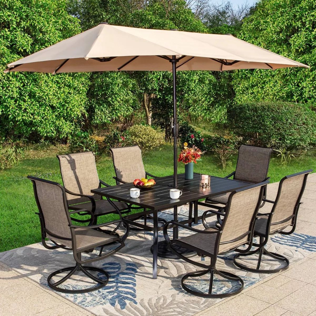 8pc Outdoor Dining Set with Metal Slat Top Table with Umbrella Hole & Swivel Chairs - Gray/Beige ... | Target