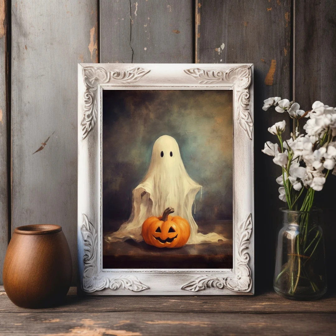 Ghost and Pumpkin Halloween Wall Art Print, Ghost Home Decor for Fall, Cute Spooky Ghost Gothic A... | Etsy (US)