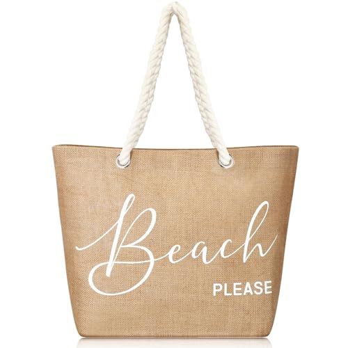 Jute Beach Tote Bag Large Beach Shoulder Bag with Cotton Handles Waterproof Handbag for Women Tra... | Amazon (US)