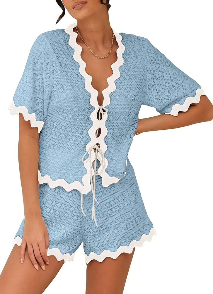 SCOFEEL Womens 2 Pieces Outfits Short Sleeve Summer Casual V Neck Shirts and Shorts Beach Loungewear Sets | Amazon (US)