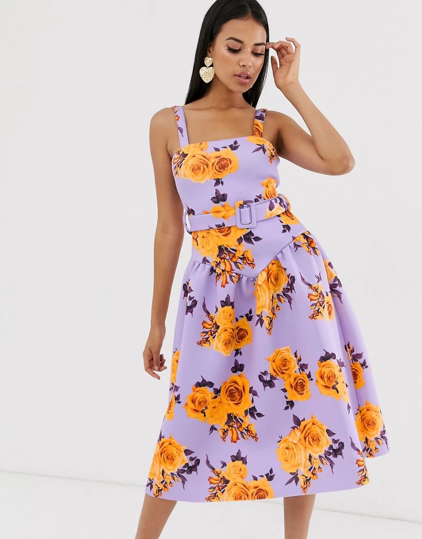 ASOS DESIGN floral drop waist prom midi dress with belt detail-Purple | ASOS (Global)