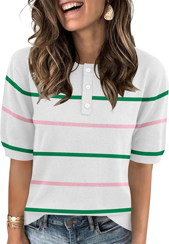 AKEWEI Sweaters for Women Crew Neck Short Sleeve Tops Knit Button Down Shirts Pullover Sweater | Amazon (US)